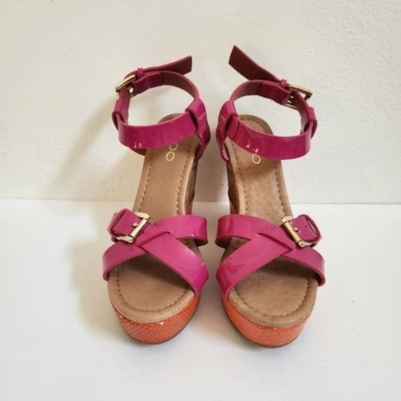 Aldo Espadrille Patent Fuchsia Orange Wedge Sandal - Picture 4 of 12